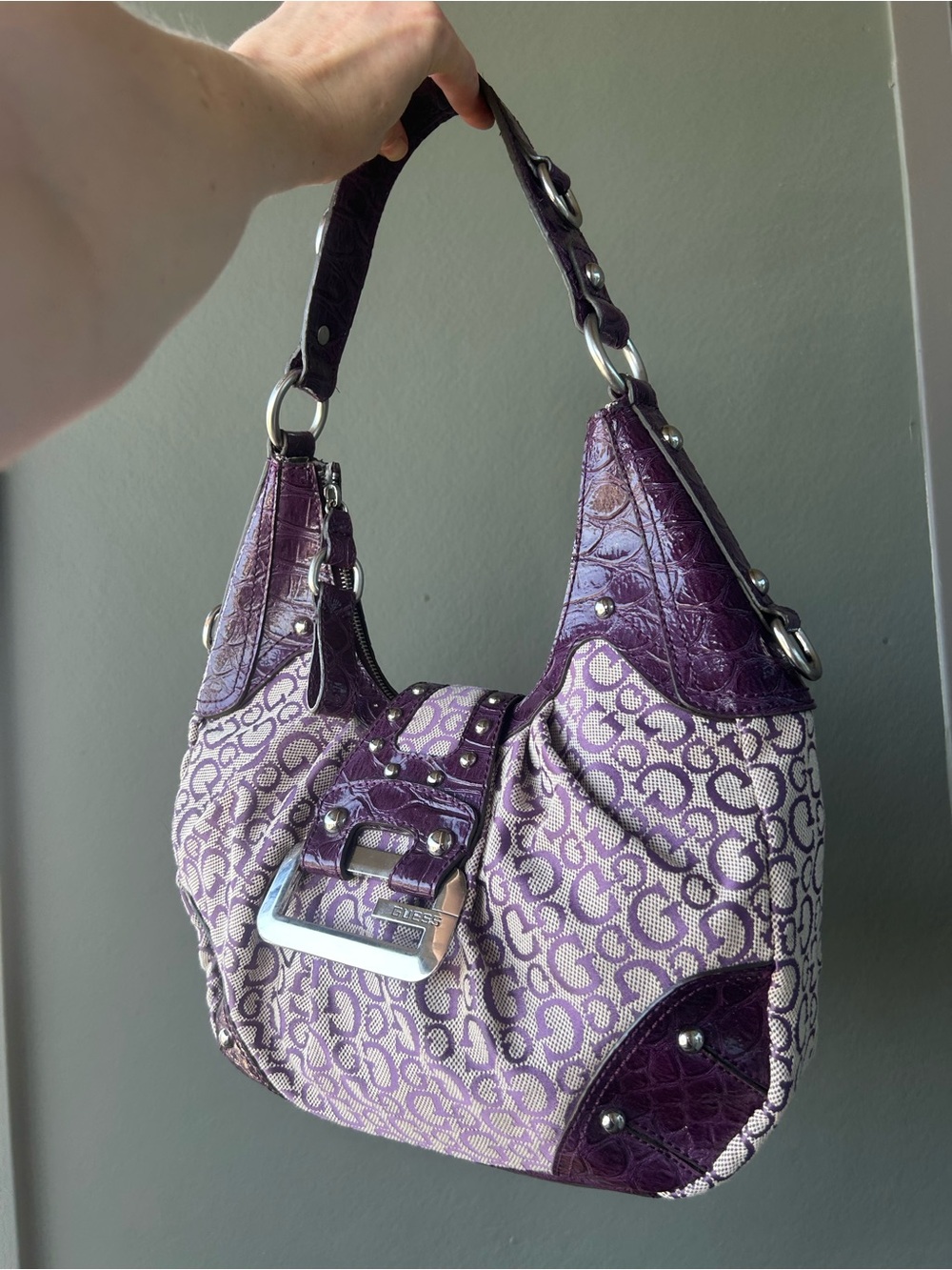 Vintage Guess Canvas Shoulder Bag with Faux Leather Croc-Texture Trim
